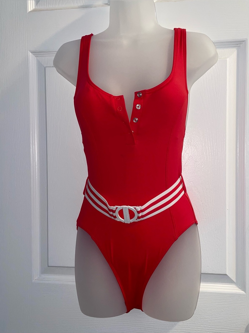 NWOT Seafolly Maillot Red Solid Belted Snap One-Piece Swimsuit